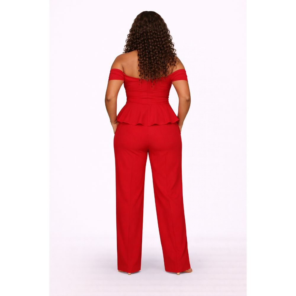 Elegant Red Ruched Strapless Jumpsuit